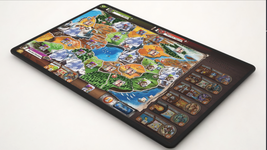 A digital tabletop displaying a colorful board game